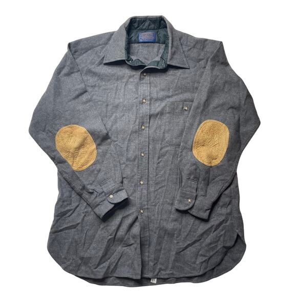 Pendleton Trail Shirt Gray Virgin Wool Button Up Large Men's Elbow Patches USA - Picture 1 of 5